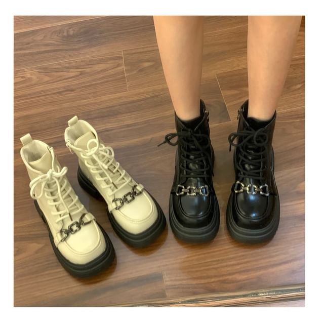 Hidden Wedge Buckled Lace-Up Faux Leather Short Boots