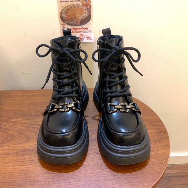 Hidden Wedge Buckled Lace-Up Faux Leather Short Boots