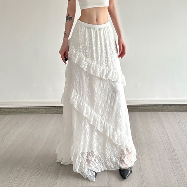 Lace Trim Maxi Skirt - Elastic Waist