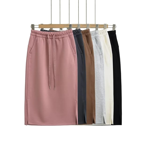 Side-Slit Midi Pencil Skirt with Adjustable Drawstring