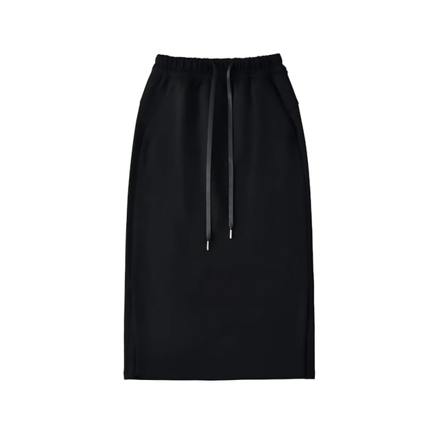 Side-Slit Midi Pencil Skirt with Adjustable Drawstring
