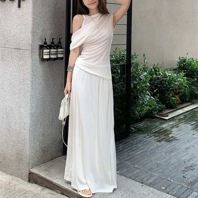 Cold Shoulder Tee & Maxi Skirt Two-Piece - High Waist