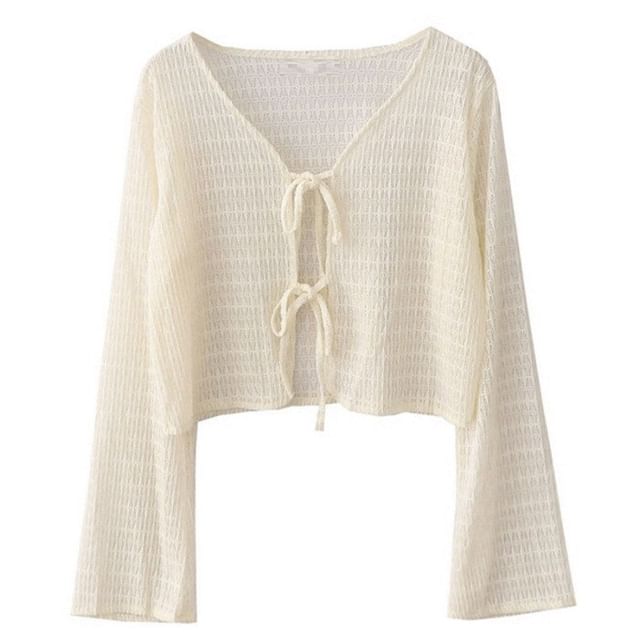 Bell Sleeve V-Neck Crochet Knit Cardigan