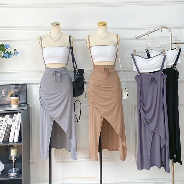 Two-Piece Outfit: Padded Crop Top and Asymmetric Ruched Skirt