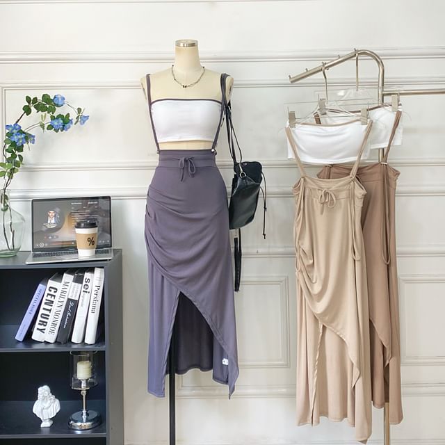 Two-Piece Outfit: Padded Crop Top and Asymmetric Ruched Skirt