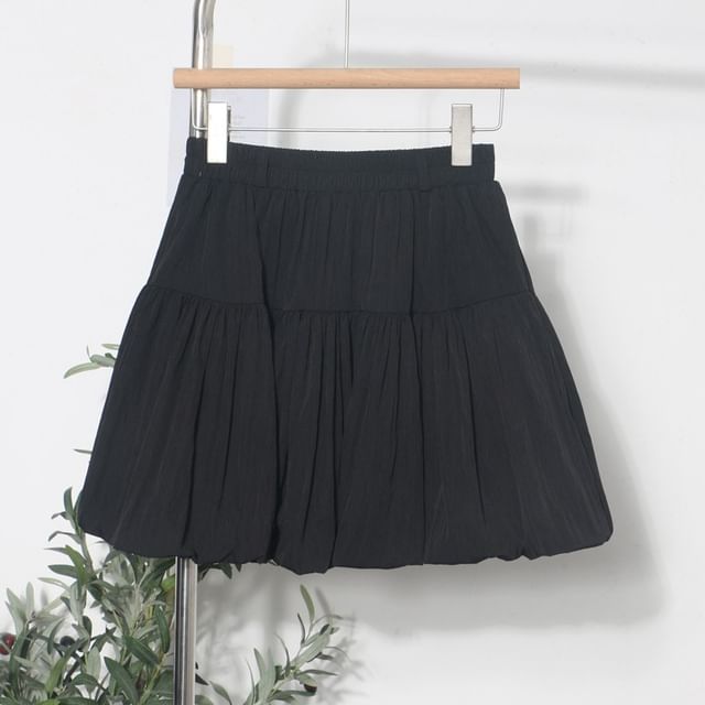 Elasticized Flared Mini Skirt with Tiered Plain Design