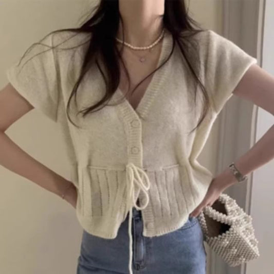 Short Sleeve V-Neck Drawstring Cardigan