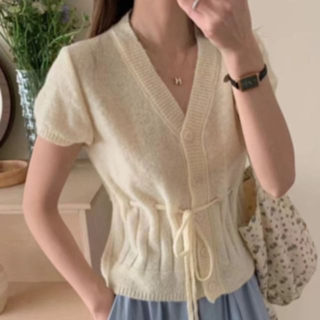 Short Sleeve V-Neck Drawstring Cardigan