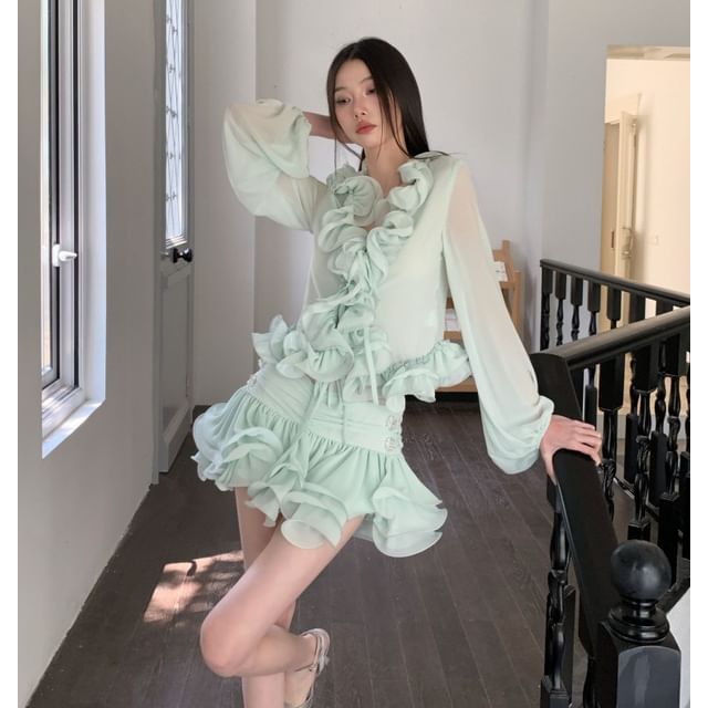 Sheer Blouse with Ruffle Trim and Rhinestone Mini Skirt Set