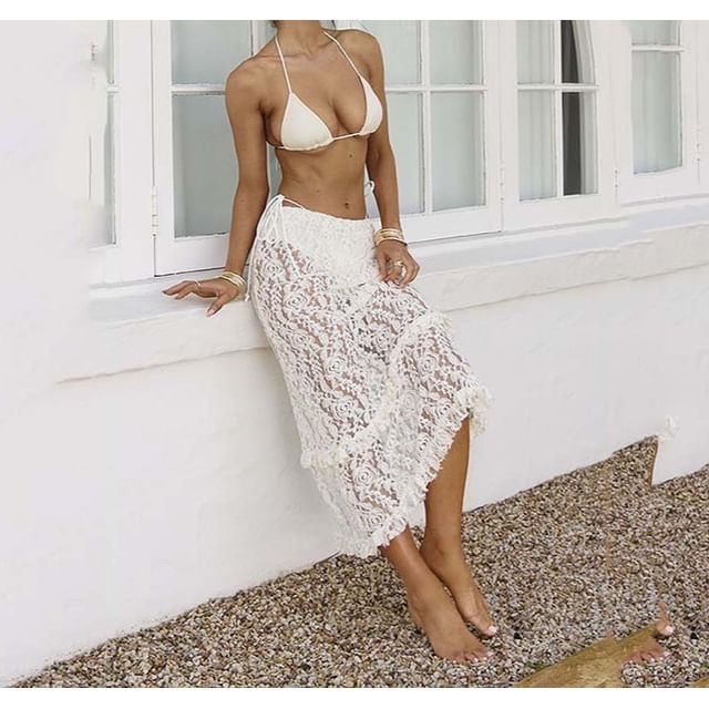 High-Waisted Sheer Lace Midi Skirt in Plain Style