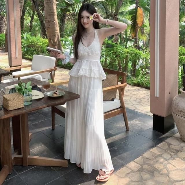 Halter Top with Peplum and Lace Paired with Tiered Maxi Skirt