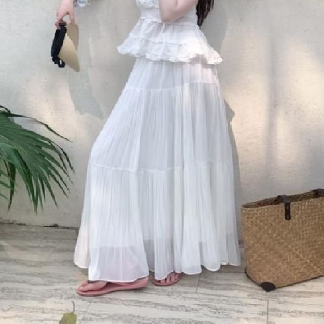 Halter Top with Peplum and Lace Paired with Tiered Maxi Skirt