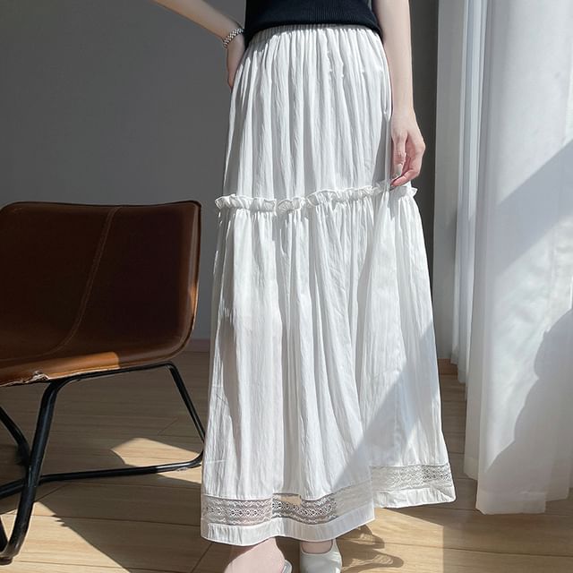 Ruffled Midi Skirt with Lace Trim and High Waist