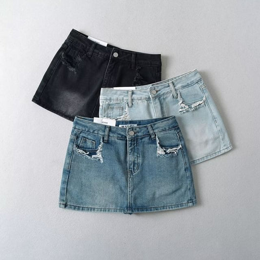 Distressed Denim Mini Skirt with Mid-Rise H-Line Fit