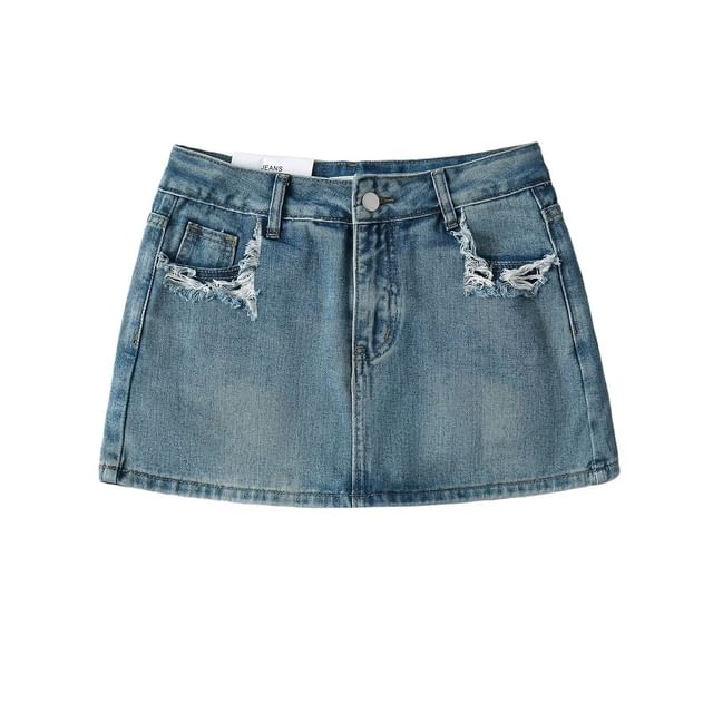 Distressed Denim Mini Skirt with Mid-Rise H-Line Fit