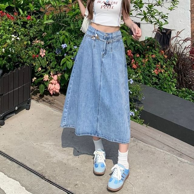 Denim A-Line Midi Skirt in High-Rise Style