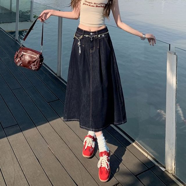 Denim A-Line Midi Skirt in High-Rise Style
