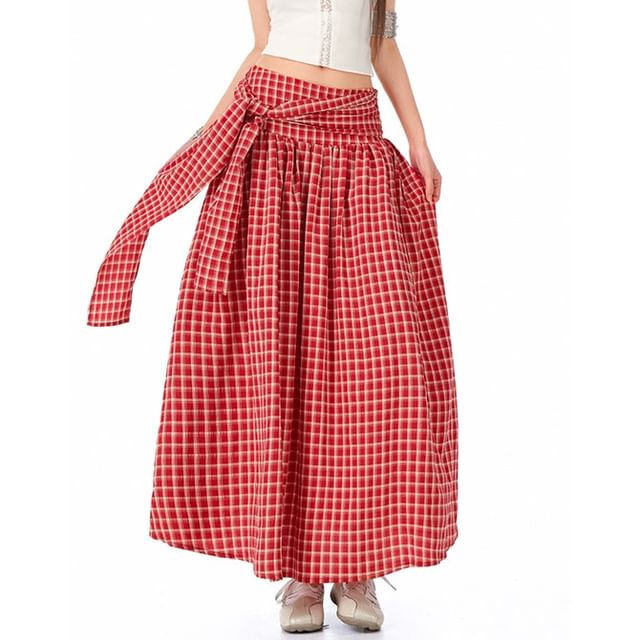 Asymmetric Plaid Maxi Skirt with High-Rise Waist