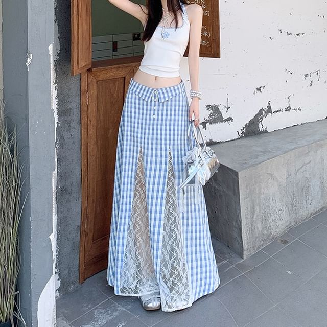 Plaid Maxi Skirt with Lace Panel and High Waist