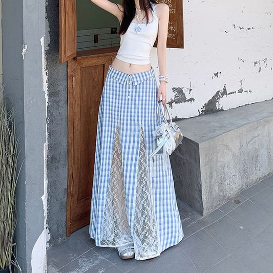 Plaid Maxi Skirt with Lace Panel and High Waist