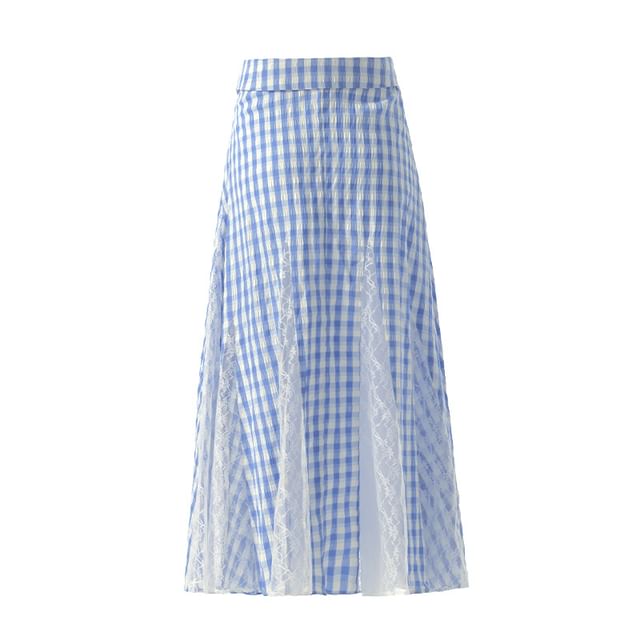 Plaid Maxi Skirt with Lace Panel and High Waist