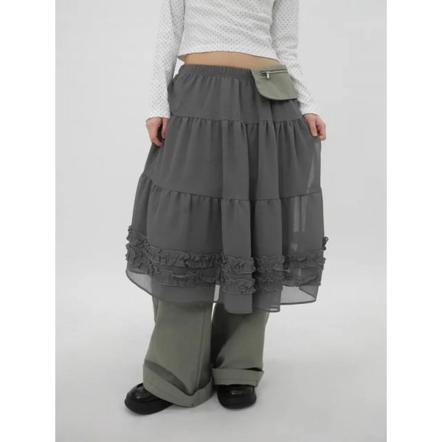 Ruffled Chiffon Midi A-Line Skirt - High Waist