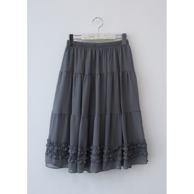 Ruffled Chiffon Midi A-Line Skirt - High Waist