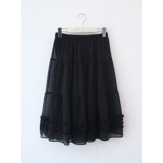 Ruffled Chiffon Midi A-Line Skirt - High Waist