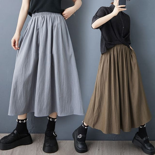 Elastic-Waist Midi Skirt with Flared A-Line Cut
