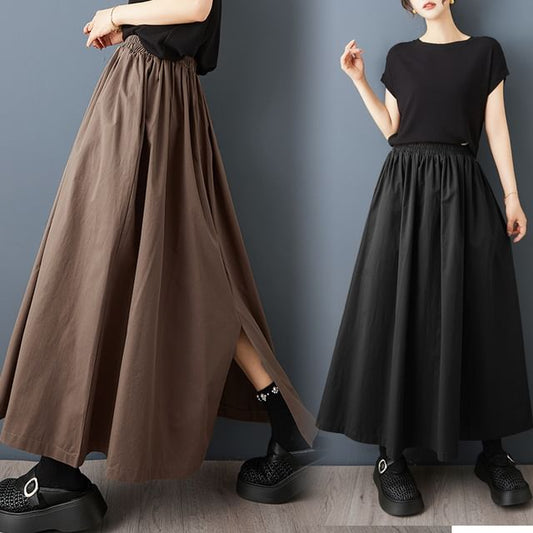 Elastic-Waist Maxi Skirt with Flowing A-Line Design