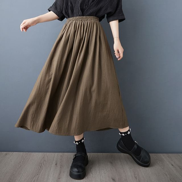 Elastic-Waist Midi Skirt with Flared A-Line Cut