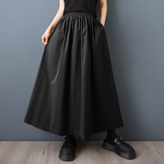 Elastic-Waist Maxi Skirt with Flowing A-Line Design