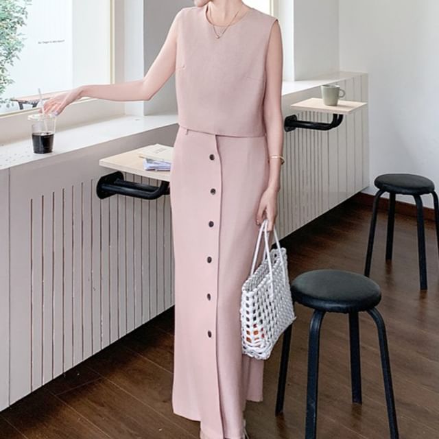 Sleeveless Top and Button-Up Pencil Skirt Ensemble