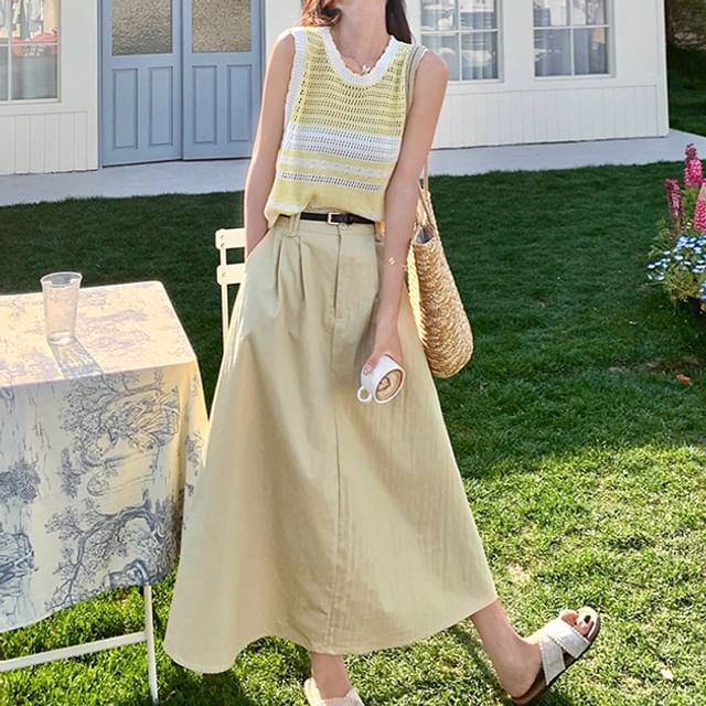 Striped Knit Vest & A-Line Midi Skirt Ensemble