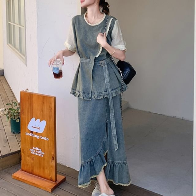 Denim Top with Tassel Trim and Fishtail Skirt Set