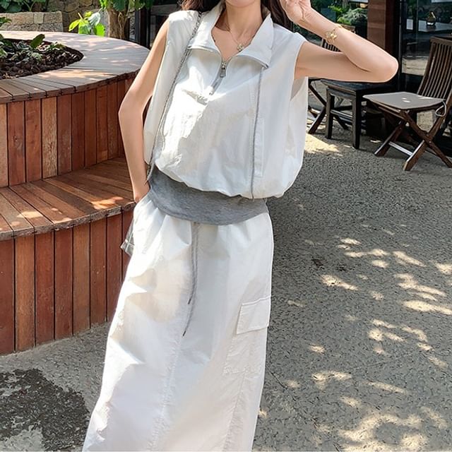Sleeveless Zip Vest & Cargo Midi Skirt Duo