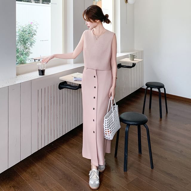 Sleeveless Top and Button-Up Pencil Skirt Ensemble
