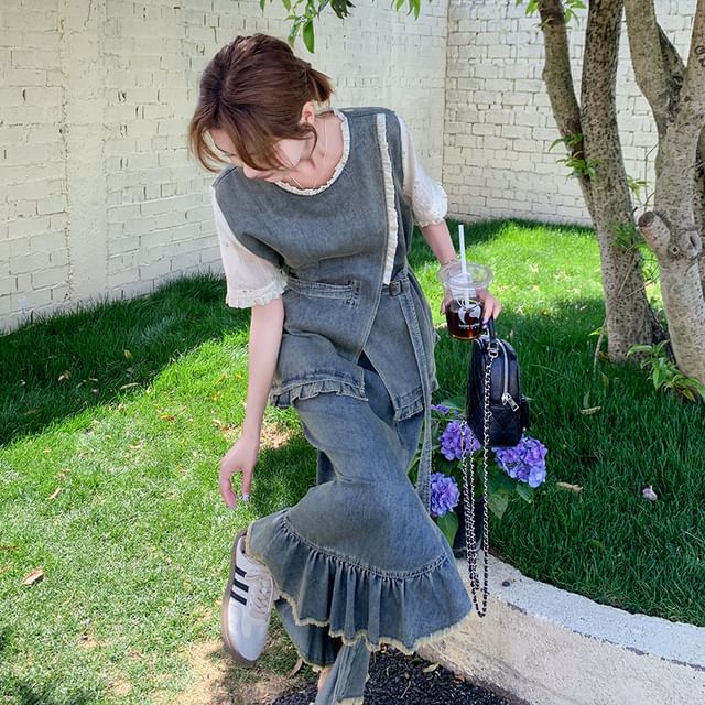 Denim Top with Tassel Trim and Fishtail Skirt Set