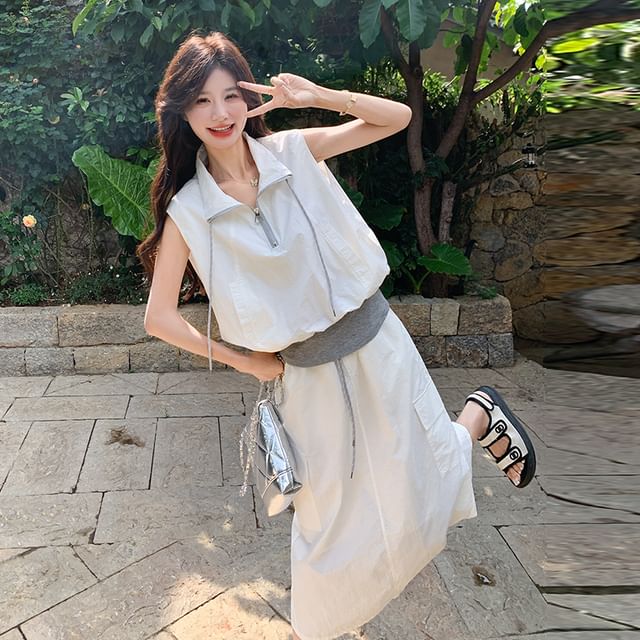 Sleeveless Zip Vest & Cargo Midi Skirt Duo