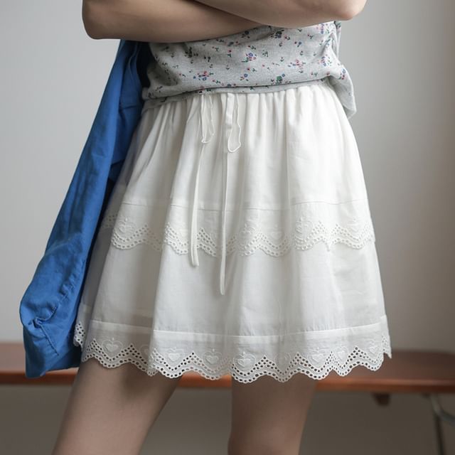 Maternity Drawstring Mini Skirt with Lace Accent