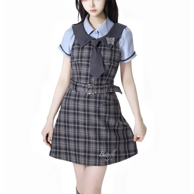 Plaid Dungaree Dress with Belt and Tiered Mini Skirt