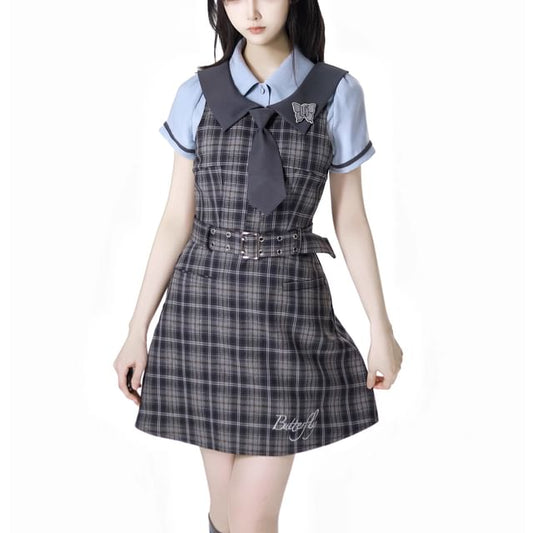 Plaid Dungaree Dress with Belt and Tiered Mini Skirt