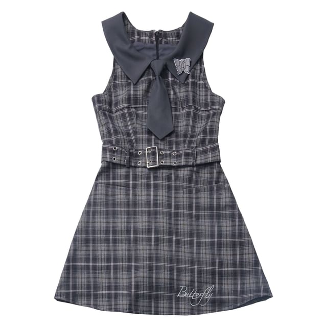 Plaid Dungaree Dress with Belt and Tiered Mini Skirt
