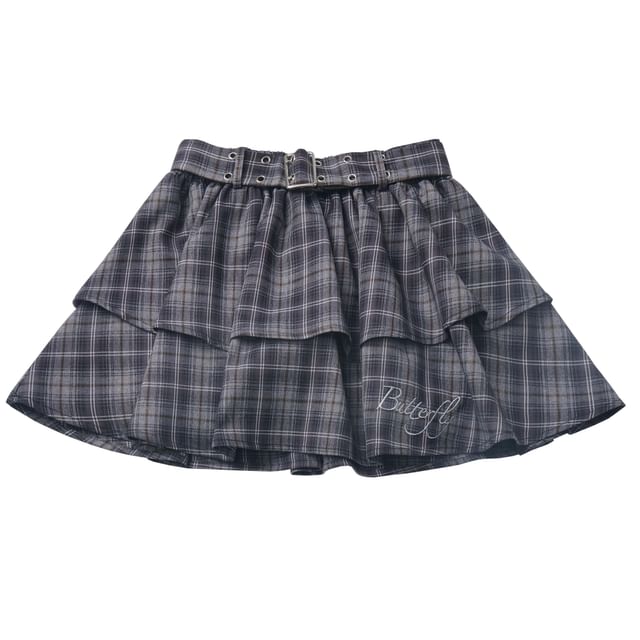 Plaid Dungaree Dress with Belt and Tiered Mini Skirt