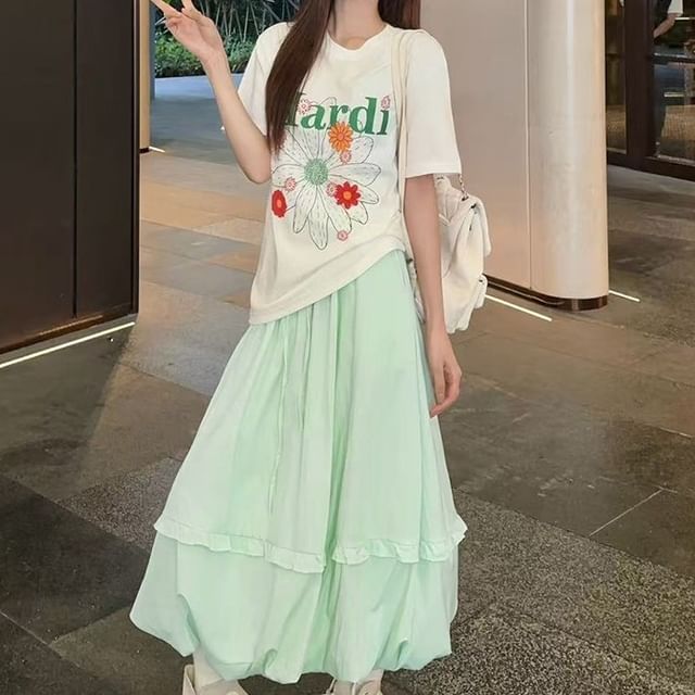 Ruffle Trim Maxi Skirt - High Waist