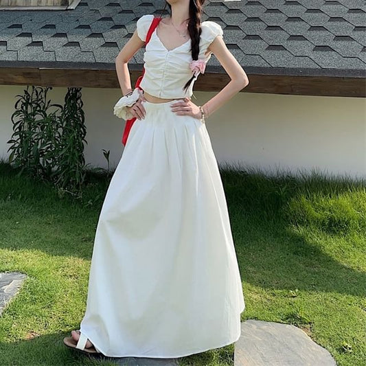 V-Neck Ruched Crop Top & Maxi Skirt Set - High Waist
