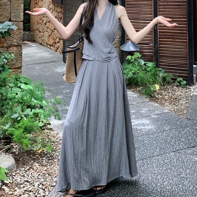 V-Neck Ruched Crop Top and High-Rise Maxi Skirt Set