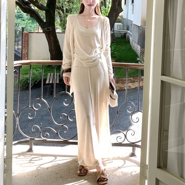 Set: Scoop Neck Knit Tank + Cardigan + Drawstring Maxi Skirt