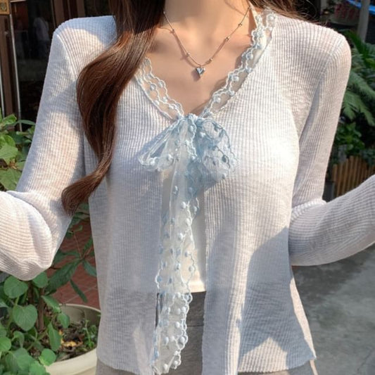 V-Neck Lace Trim Ribbed Tie Front Cardigan