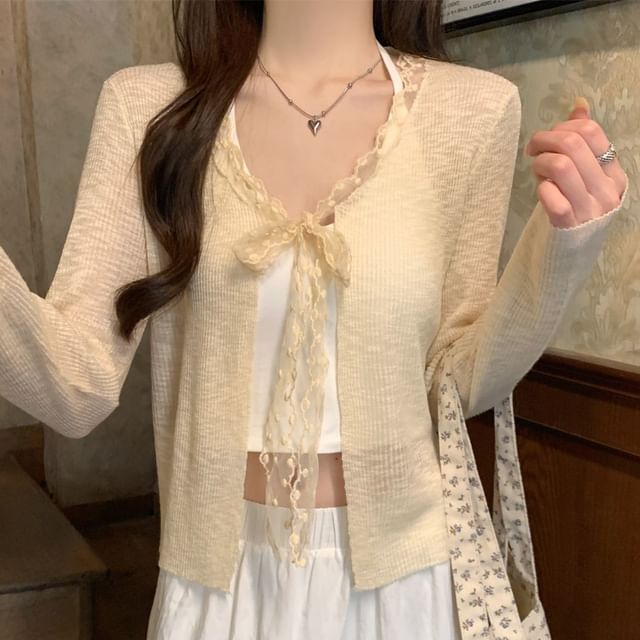 V-Neck Lace Trim Ribbed Tie Front Cardigan